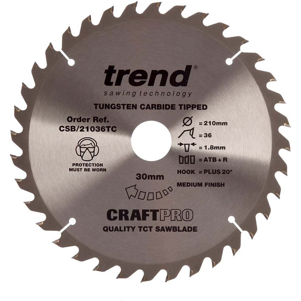 Trend Csb/21036Tc Craft Pro Thin Kerf Tct Circular Blade Ideal For Dewalt Dcs7485 Mini Saws, Tungsten Carbide Tipped, 210Mm X 36 Teeth X 30 Bore