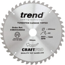 Trend CSB/CC25042 Craft Pro Negative Hook Crosscutting TCT Circular Blade for Table/Mitre Saws, 250mm x 42 Teeth x 30mm Bore, Tungsten Carbide Tipped