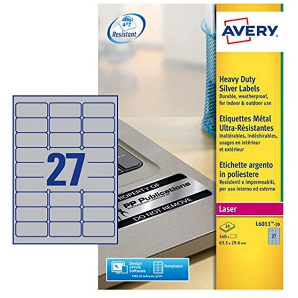 Avery L6011-20 ( 63.5 X 29.6Mm) Extra-Strong Adhesive Heavy Duty Labels, 27 Labels Per A4 Sheet Silver