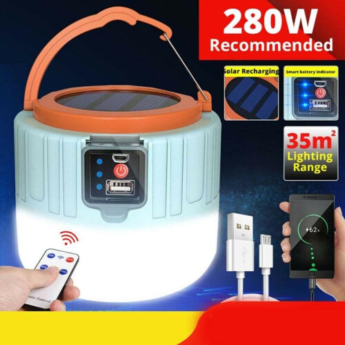 USB Rechargeable Remote Control Lantern Solar LED Bulb Camping Light Tent Lights