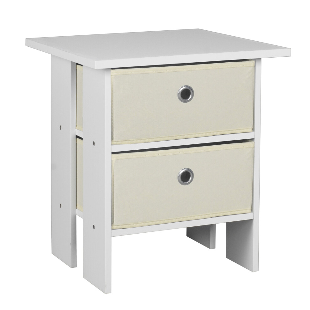 (White, Beige) Wooden Side End Table Nightstand 2 Fabric Drawers