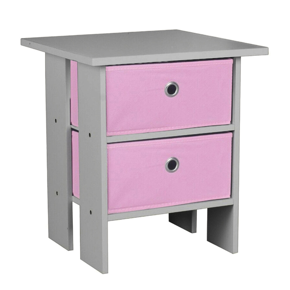 (Grey, Pink) Wooden Side End Table Nightstand 2 Fabric Drawers