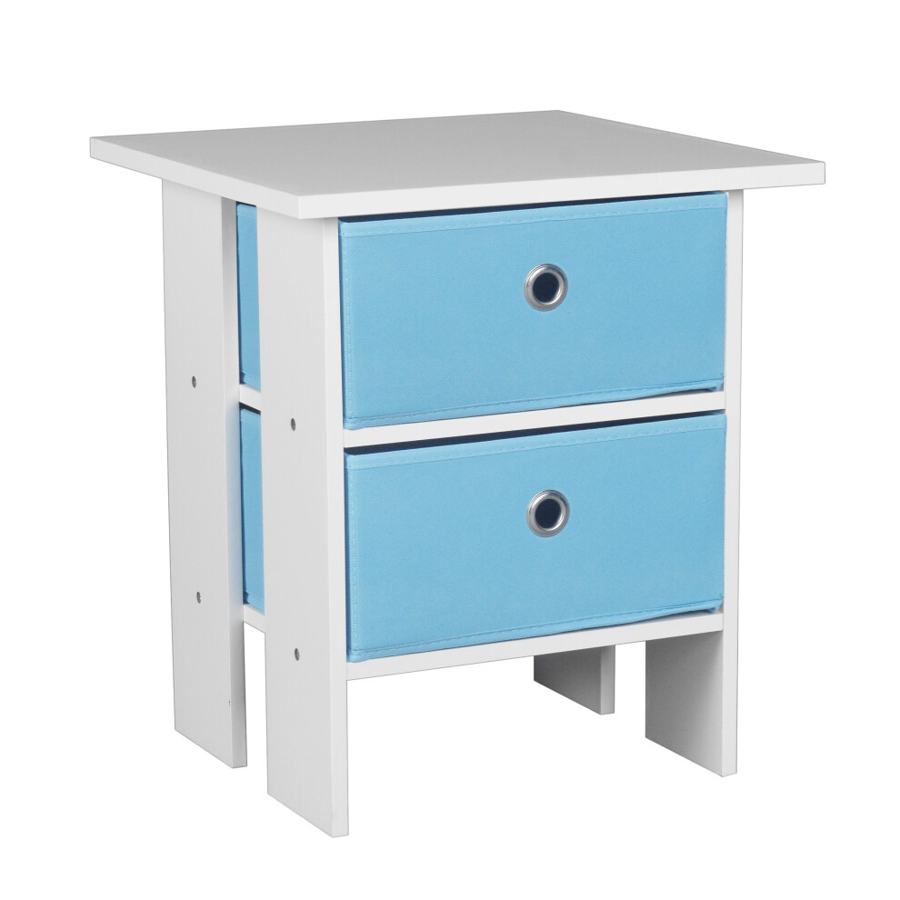 (White, Light Blue) Wooden Side End Table Nightstand 2 Fabric Drawers