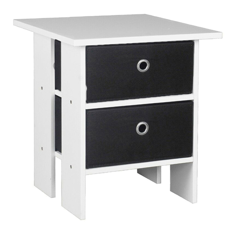 (White, Black) Wooden Side End Table Nightstand 2 Fabric Drawers