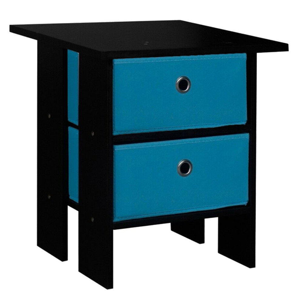 (Black, Light Blue) Wooden Side End Table Nightstand 2 Fabric Drawers