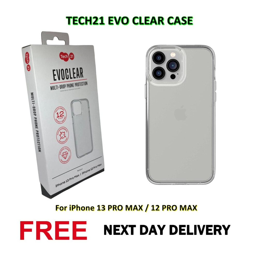 Tech21 Evo Clear Case [ For Apple iPhone 13 PRO MAX ] Antimicrobial 16ft Drop Tested Cover - Crystal Clear