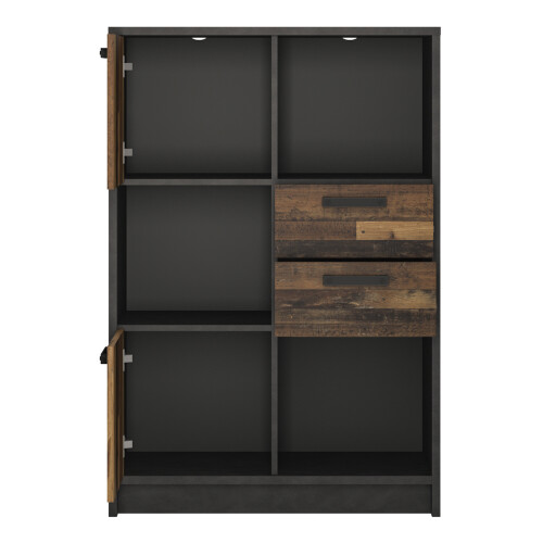 Low Bookcase with 2 Doors and 2 Drawers in Walnut and Dark Matera Grey 1
