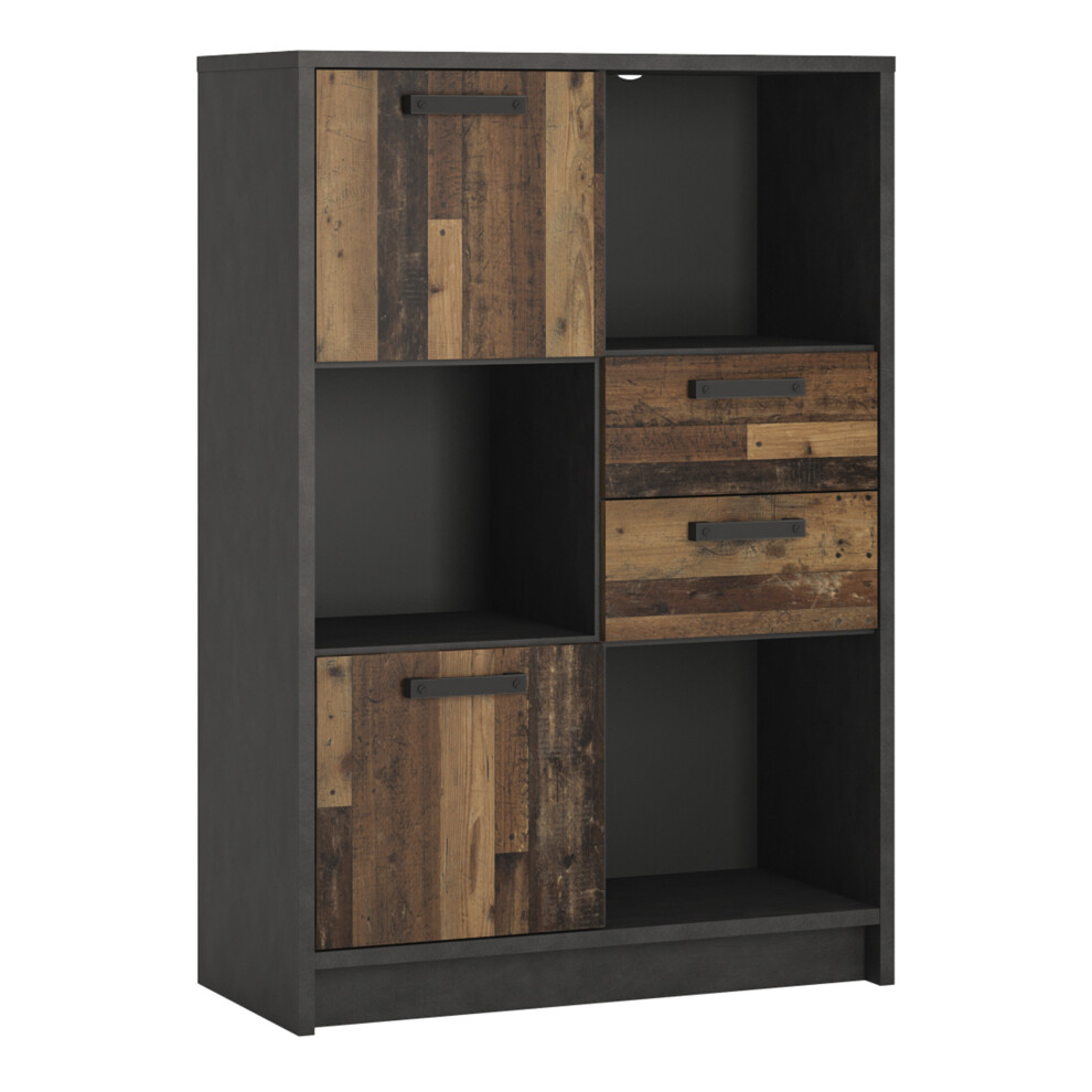 Low Bookcase with 2 Doors and 2 Drawers in Walnut and Dark Matera Grey