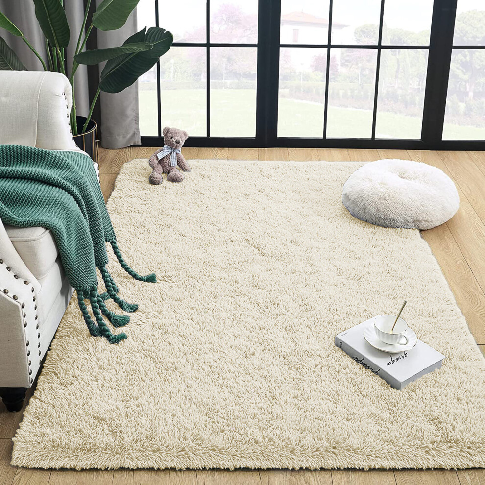 (CREAM, 120 x 170) Shaggy Rugs Living Room Area Rug Carpet Mat