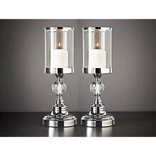Pack of 2 Crystal Effect Chrome Candle Holders - Elegant Pillar Candlesticks (33 x 12 cm)