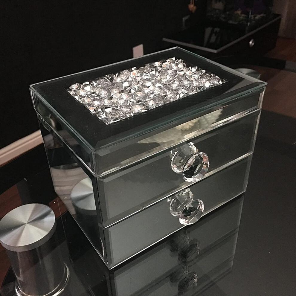 Biznest Glass Mirrored Diamante Crushed Jewels Jewelry Box 2 Drawer Silver