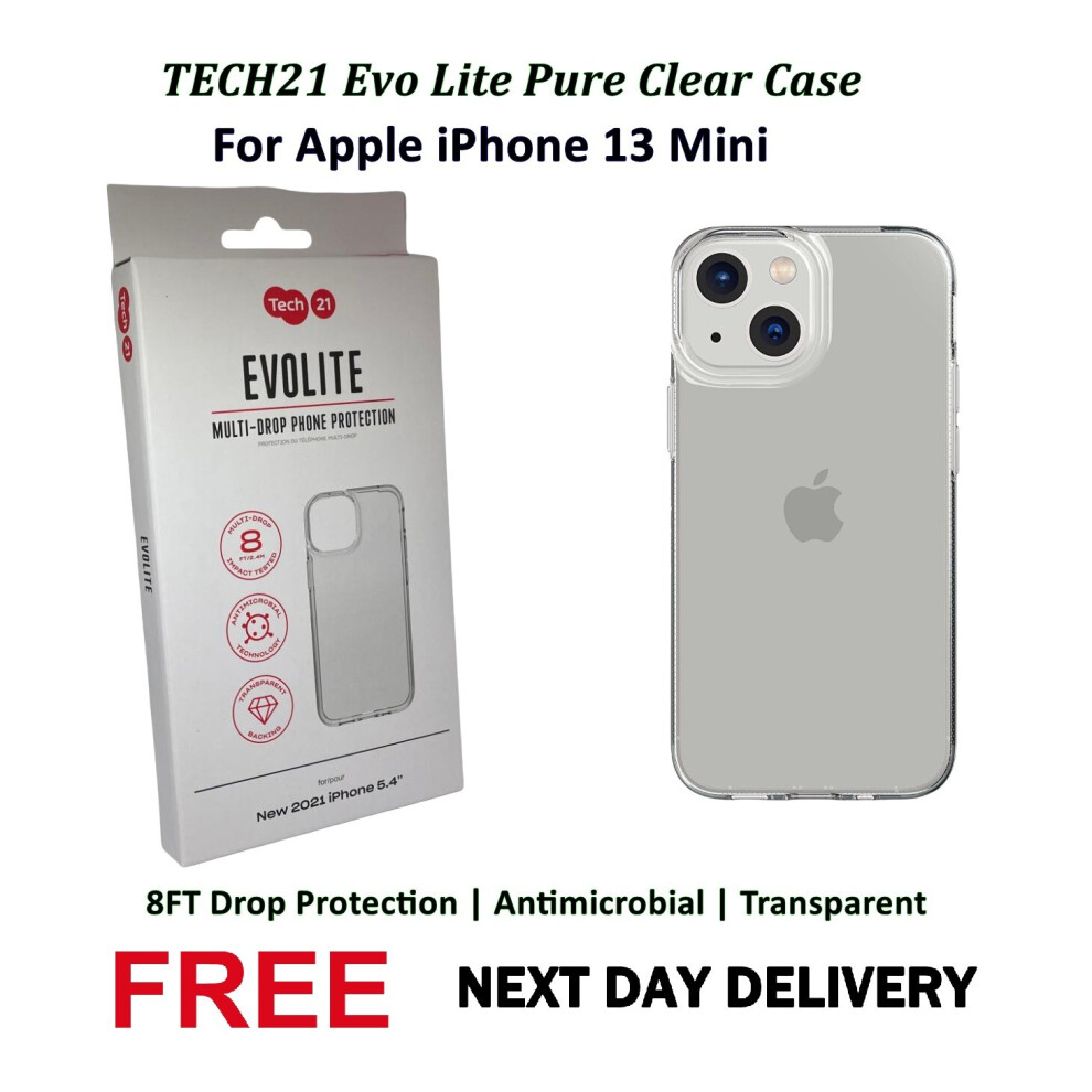 Tech21 Evo Lite Pure Clear Case [ For Apple iPhone 13 Mini ] 8ft Multi-Drop Protection Cover - Clear