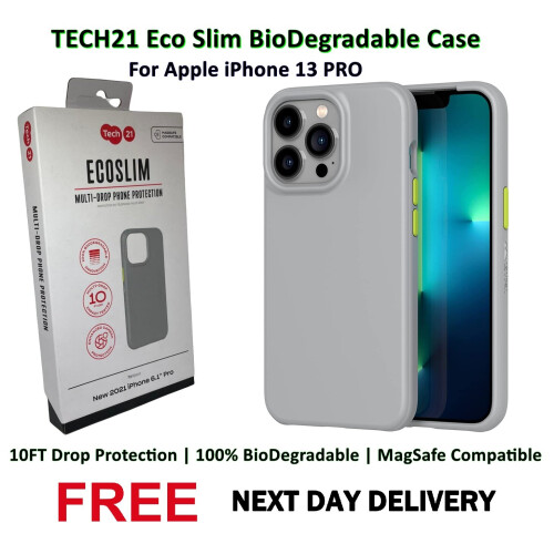 Tech21 Eco Slim 100% Biodegradable Phone Case [ For Apple iPhone 13 PRO ] 10ft Multi-Drop Protection Cover - Grey