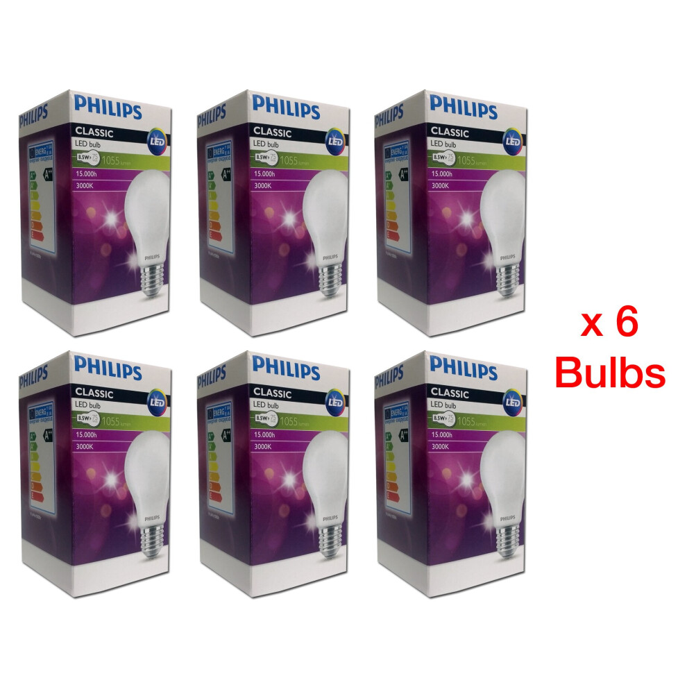 Philips E27 8.5W (75W) classic LED bulb, 3000K warm white,1055lm - 6pk