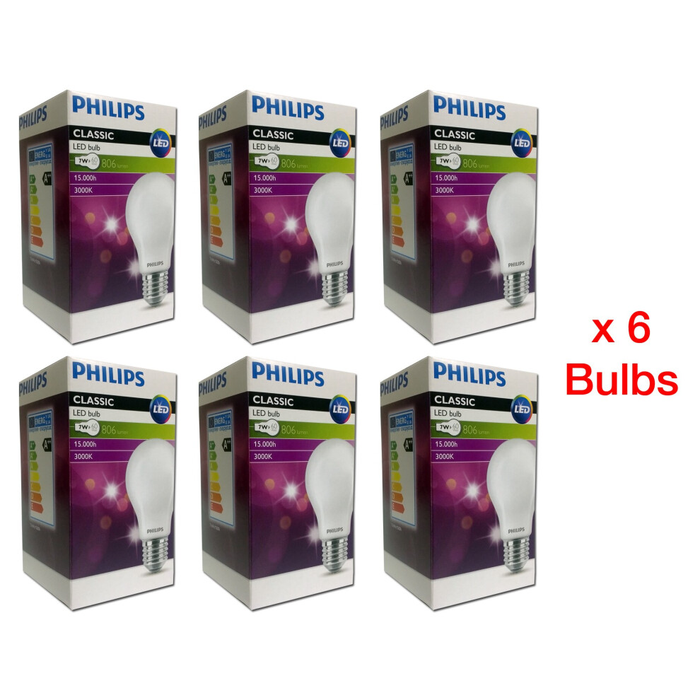 Philips E27 classic LED bulb, 7w (60w), 806lm, 3000K warm white - 6pk