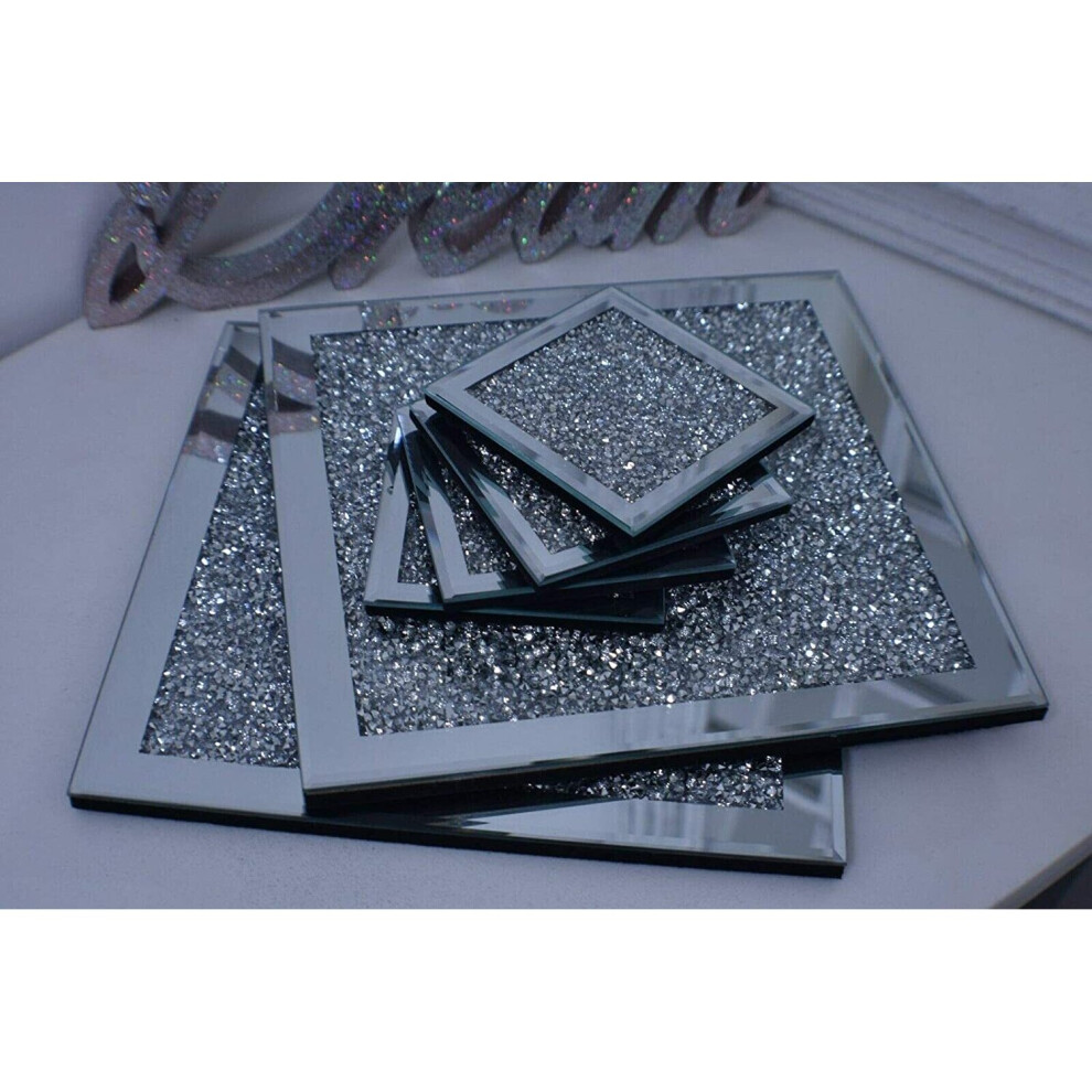 Biznest Set 6 Of Coasters & Placemats Crushed Crystal Diamond Glitter Mirrored Silver
