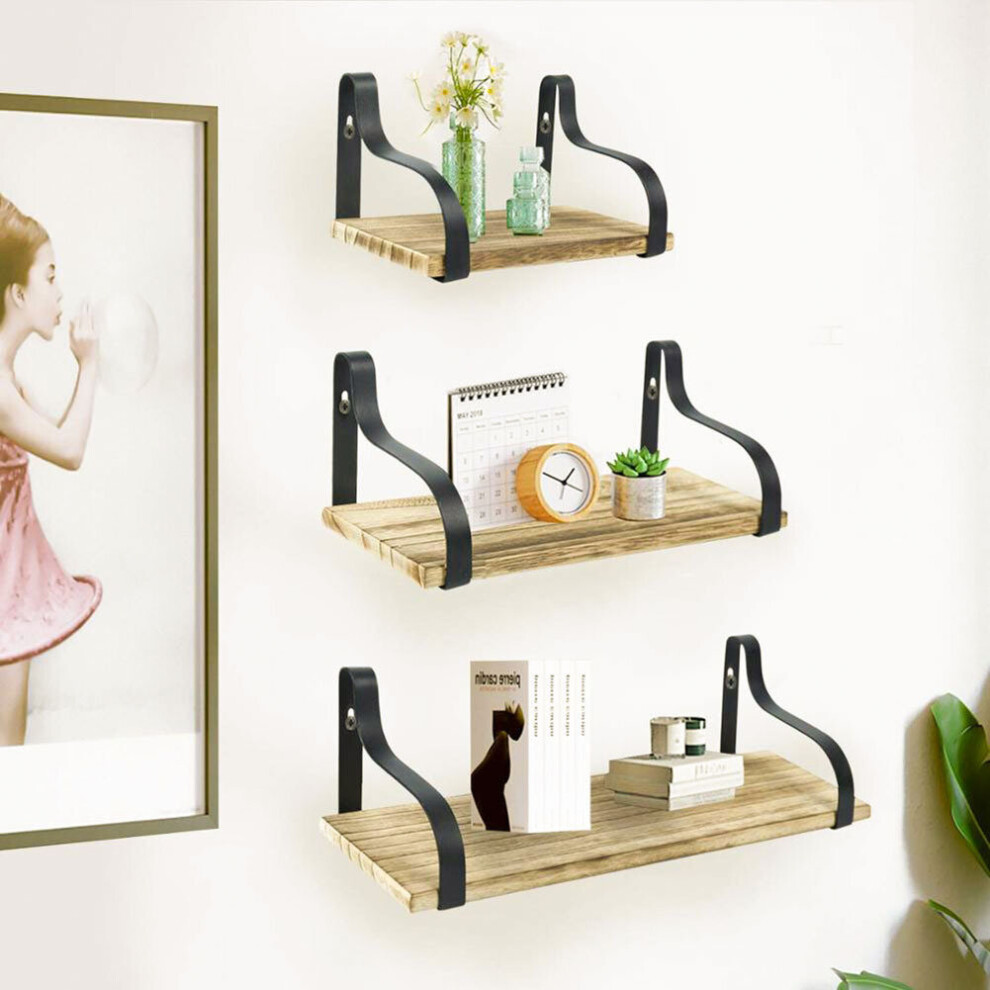 Set of 3 Floating Industrial Wooden Metal Wall Shelf Storage Unit