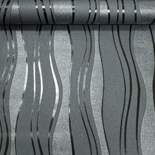 Charcoal Grey Black Glitter Textured Wallpaper Vinyl Wave Stripe 1