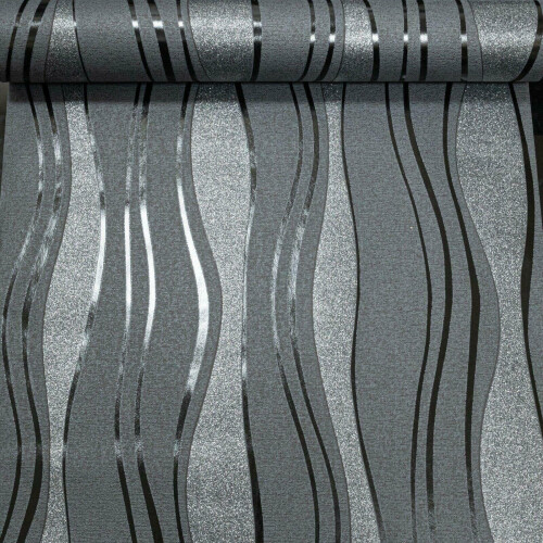 Charcoal Grey Black Glitter Textured Wallpaper Vinyl Wave Stripe