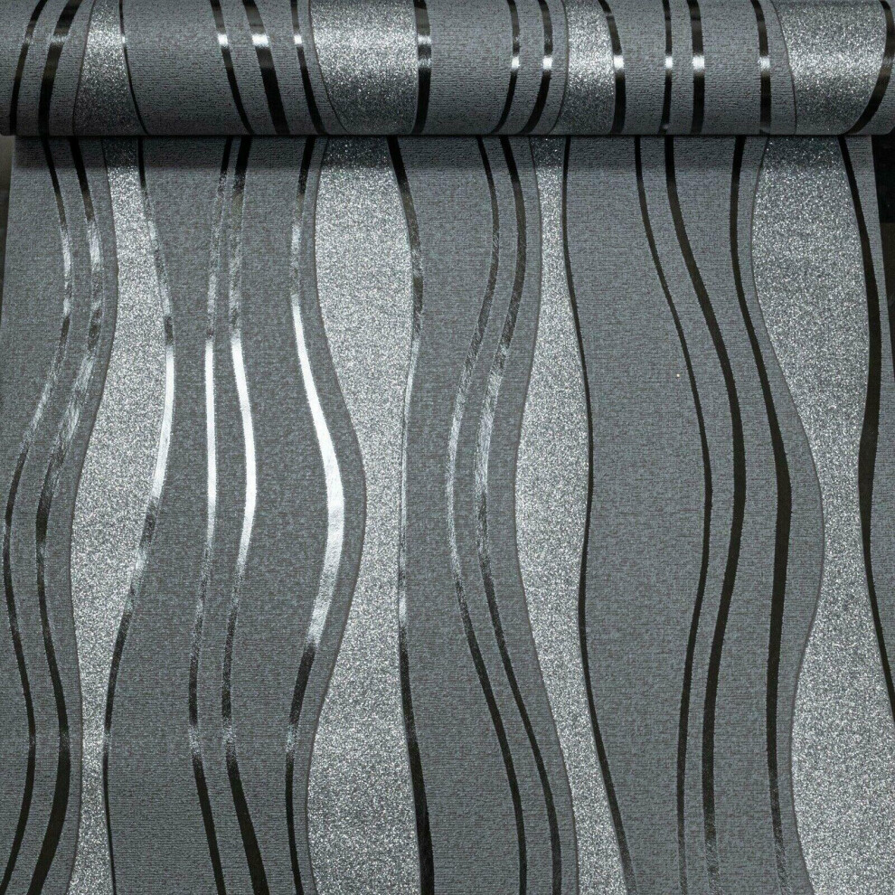 Charcoal Grey Black Glitter Textured Wallpaper Vinyl Wave Stripe