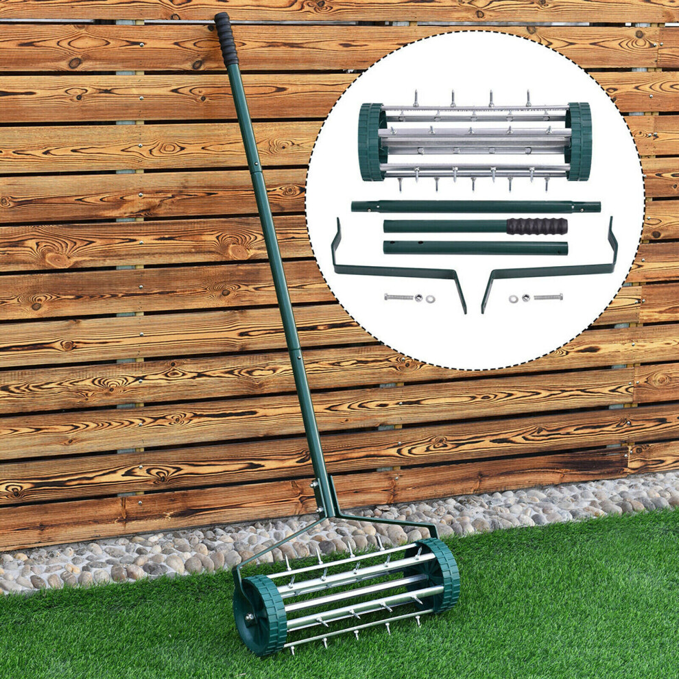 HEAVY DUTY ROLLING GRASS LAWN GARDEN AERATOR STEEL SPIKE ROLLER ALUMINUM HANDLE 