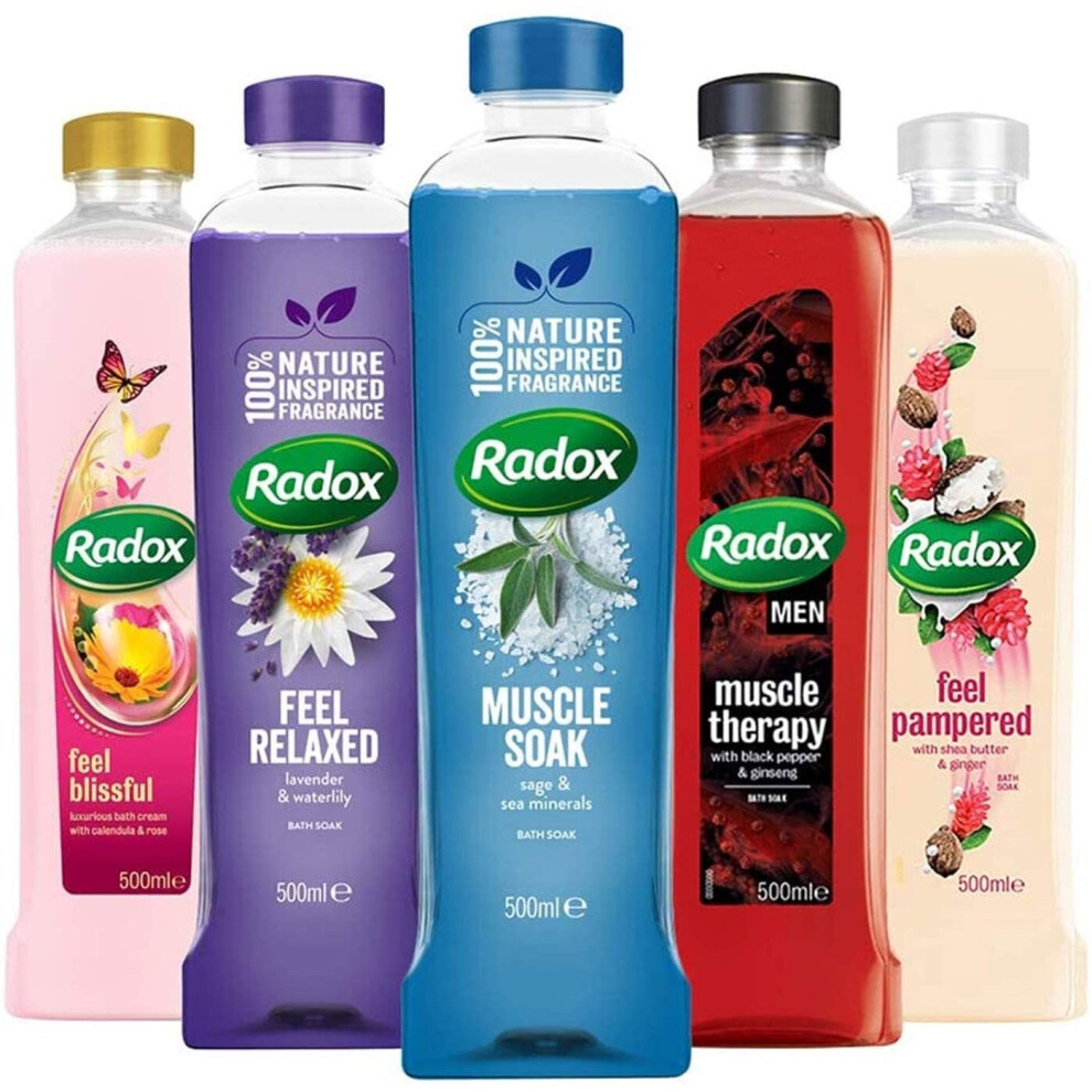 Radox Mixed Pack Bath Soak - Pack of 10 x 500ml Bottles (3 x Muscle Soak, 1 x Muscle Therapy, 2 x Feel Relaxed, 2 x Feel Blissful, 2 x Feel Pampered)