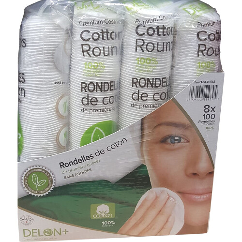 Delon Premium Facial Cleansing Cotton Rounds - 8 x 100 Count Stack