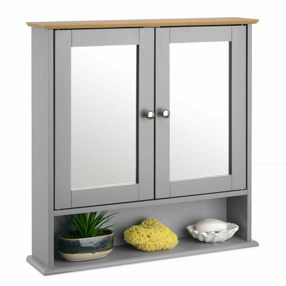 (MIRROR WITH CABINET) GREY BAMBOO WOODEN BATHROOM CABINET SHELF CUPBOARD STORAGE UNIT FREE STANDING