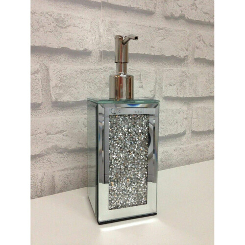 Crushed Crystal Diamond Silver Mirrored Glass Soap Dispenser Hand 2