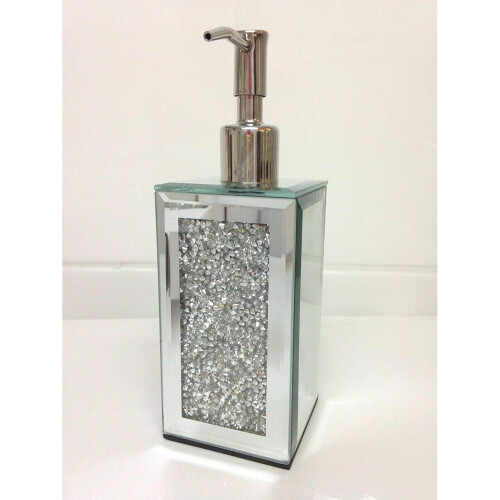 Crushed Crystal Diamond Silver Mirrored Glass Soap Dispenser Hand