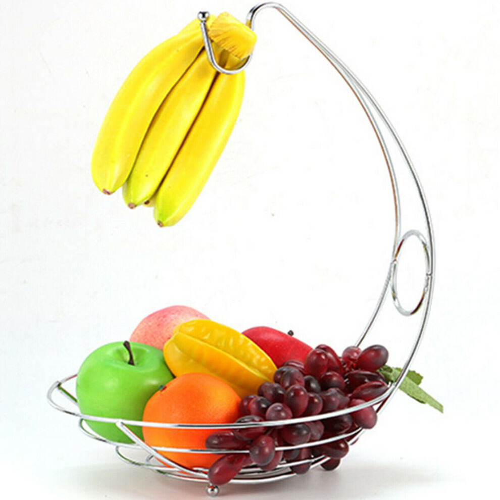 2 IN 1 CHROME BANANA HANGER FRUIT BOWL TREE HOLDER BASKET STAND HOOK KITCHEN