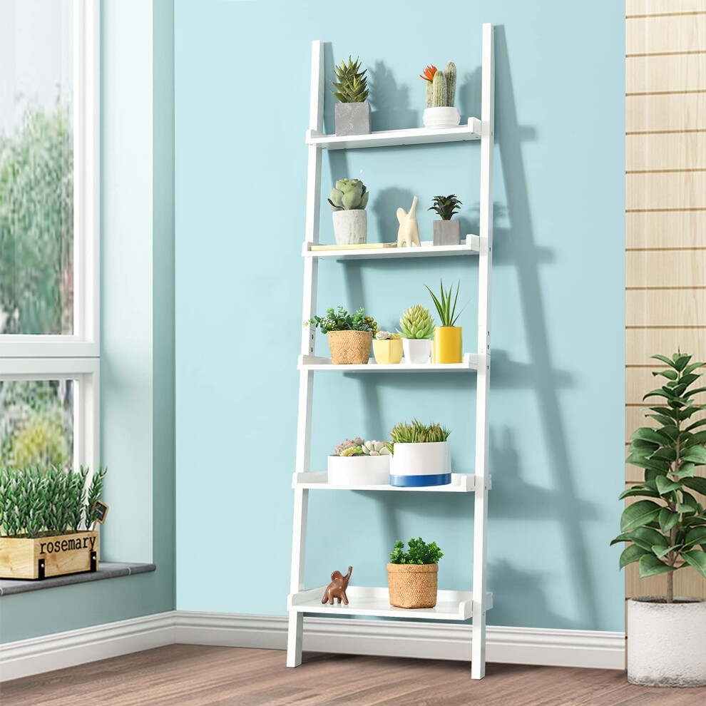 CASART 5-Tiers Ladder Rack, Modern Bookcase Plants Flowers Storage Unit Stand, Home Office Wooden Leaning Wall Display Holder Shelf, White (White, 60