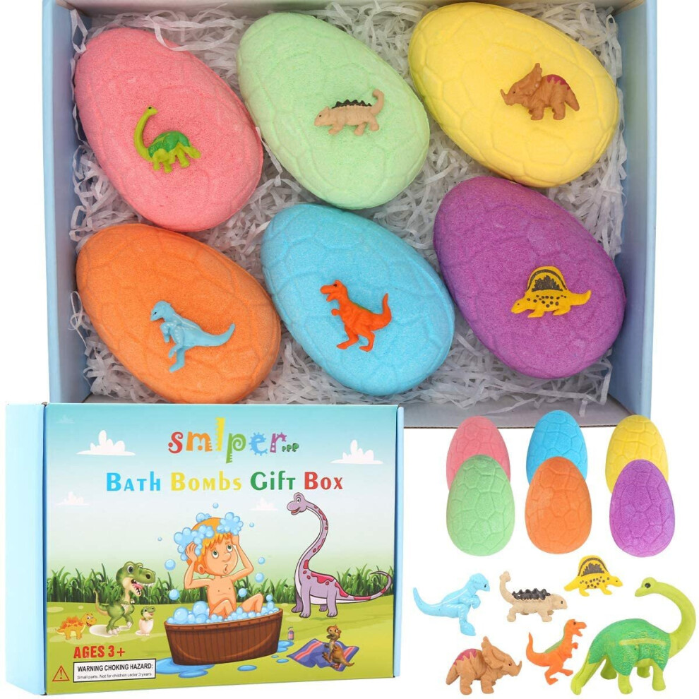 Smlper Bath Bombs For Kids With Surprise Inside, 6Pcs Dino Egg Handmade Natural Fizzy Bath Bombs Dinosaur Toys For Girls Boys Birthday Easter Gift Set