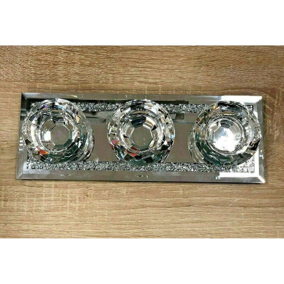 3 Tea Light Holder Crystal Diamond Crush Silver Mirrored Candle Holder
