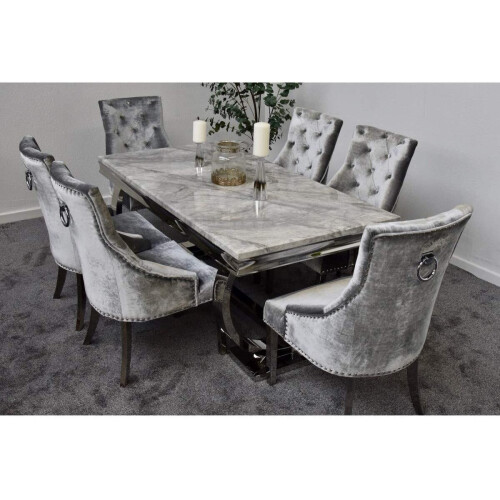 Schwarze Furniture Arianna Grey Marble Mirrored Dining Table and 6