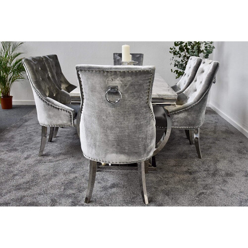 Schwarze Furniture Arianna Grey Marble Mirrored Dining Table and 6