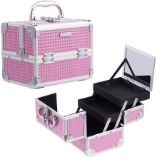 Joligrace Girls Makeup Box with Mirror Vanity Case Jewelry Organiser Nail Box Cosmetic Case Light Weight, 2 Trays Lockable with Keys (Pink)