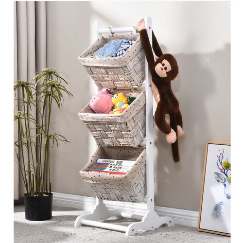(white) Wooden Magazine Rack With 3 Baskets