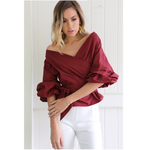 (Red, 10) White Blue Red Off Shoulder Lantern Sleeve Boutiqu