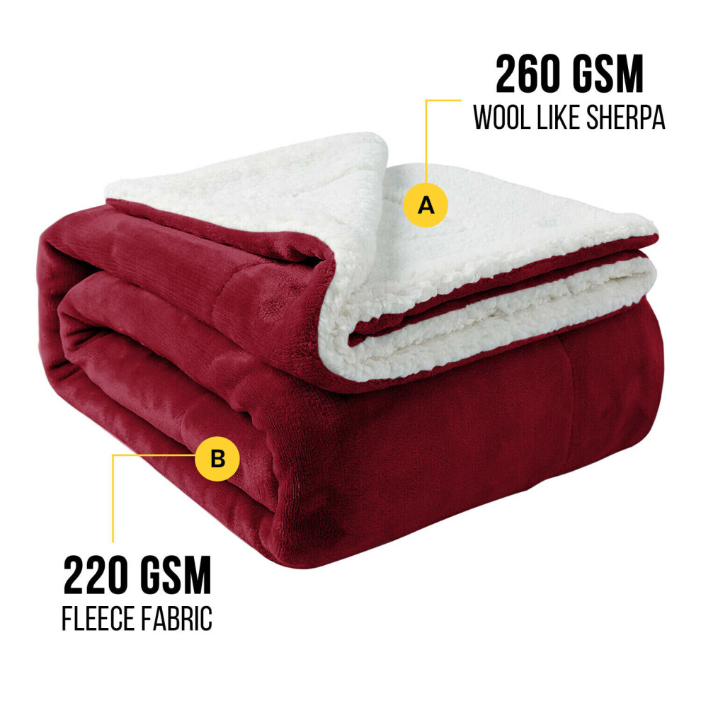 (BURGUNDY, DOUBLE) Sherpa Throw Fleece Blankets Soft Fluffy Warm Cozy