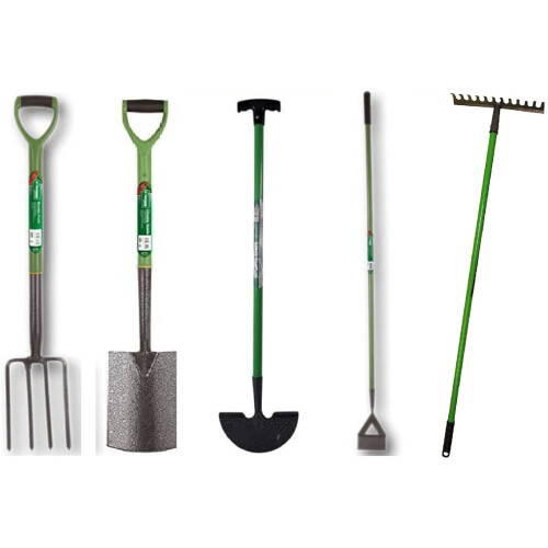 (Set of 5 Spade, Fork, Rake, Edging & Hoe) Garden Tools Lightweight Soft Plastic Handle Grip