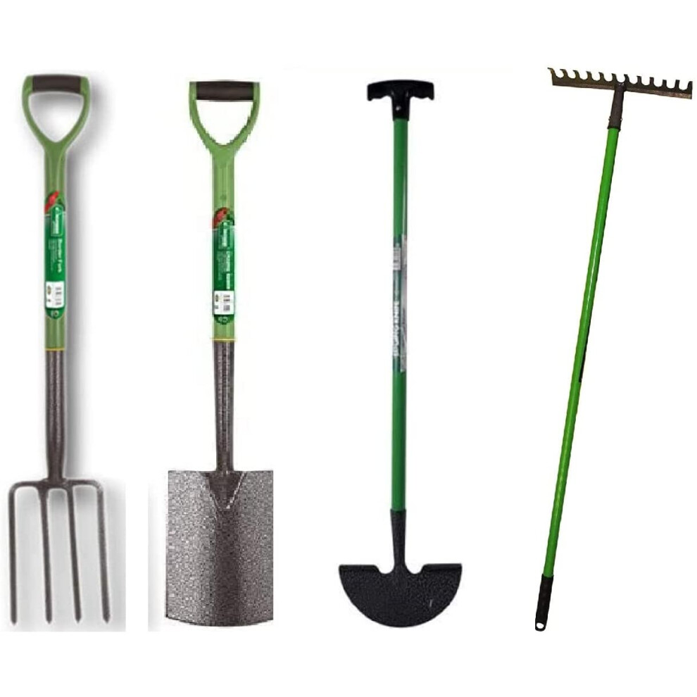 (Set of 4 Fork, Spade, Rake & Lawn Edge ) Garden Tools Lightweight Soft Plastic Handle Grip