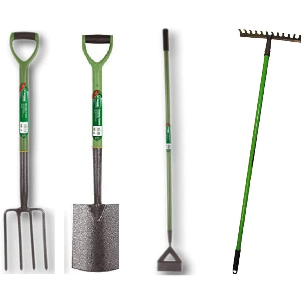 (Set of 4 Fork, Spade, Rake & Dutch Hoe) Garden Tools Lightweight Soft Plastic Handle Grip