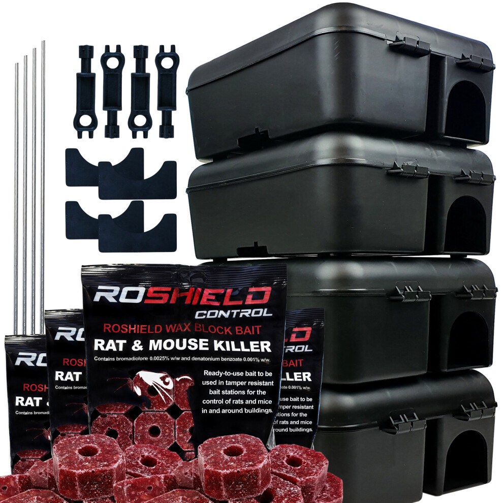 Roshield (4 Boxes & 1.2Kg Blocks) Tamper-Proof Rat Box & Poison Block Kit