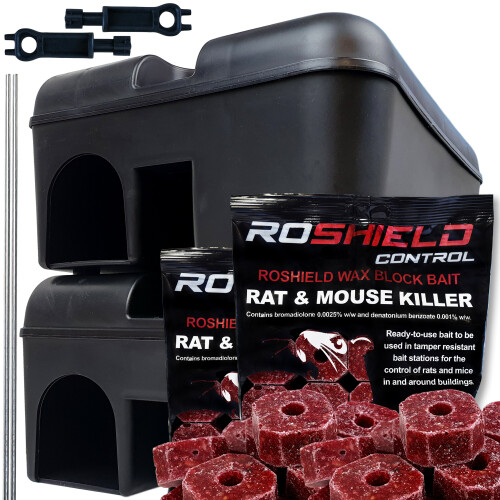 Roshield (2 Boxes & 600g Blocks) Roshield Tamper-Proof Rat Box & Poison Block Kit