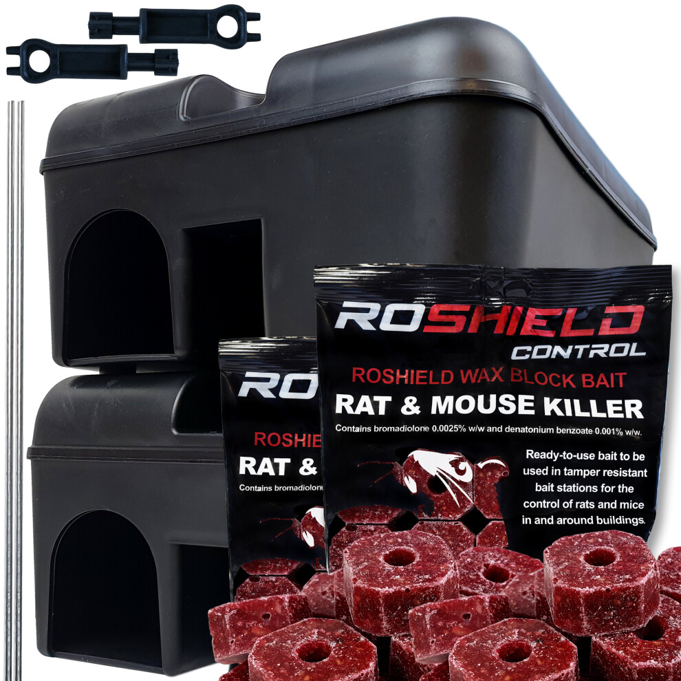 (2 Boxes & 600g Blocks) Roshield Tamper-Proof Rat Box & Poison Block Kit