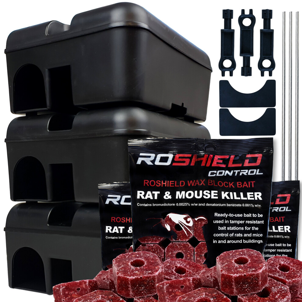 (3 Boxes & 900g Blocks) Roshield Tamper-Proof Rat Box & Poison Block Kit