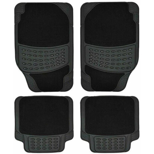 (4 Pcs Black With Carpet) Universal Luxury Heavy Duty Rubber Nonslip Car Mat