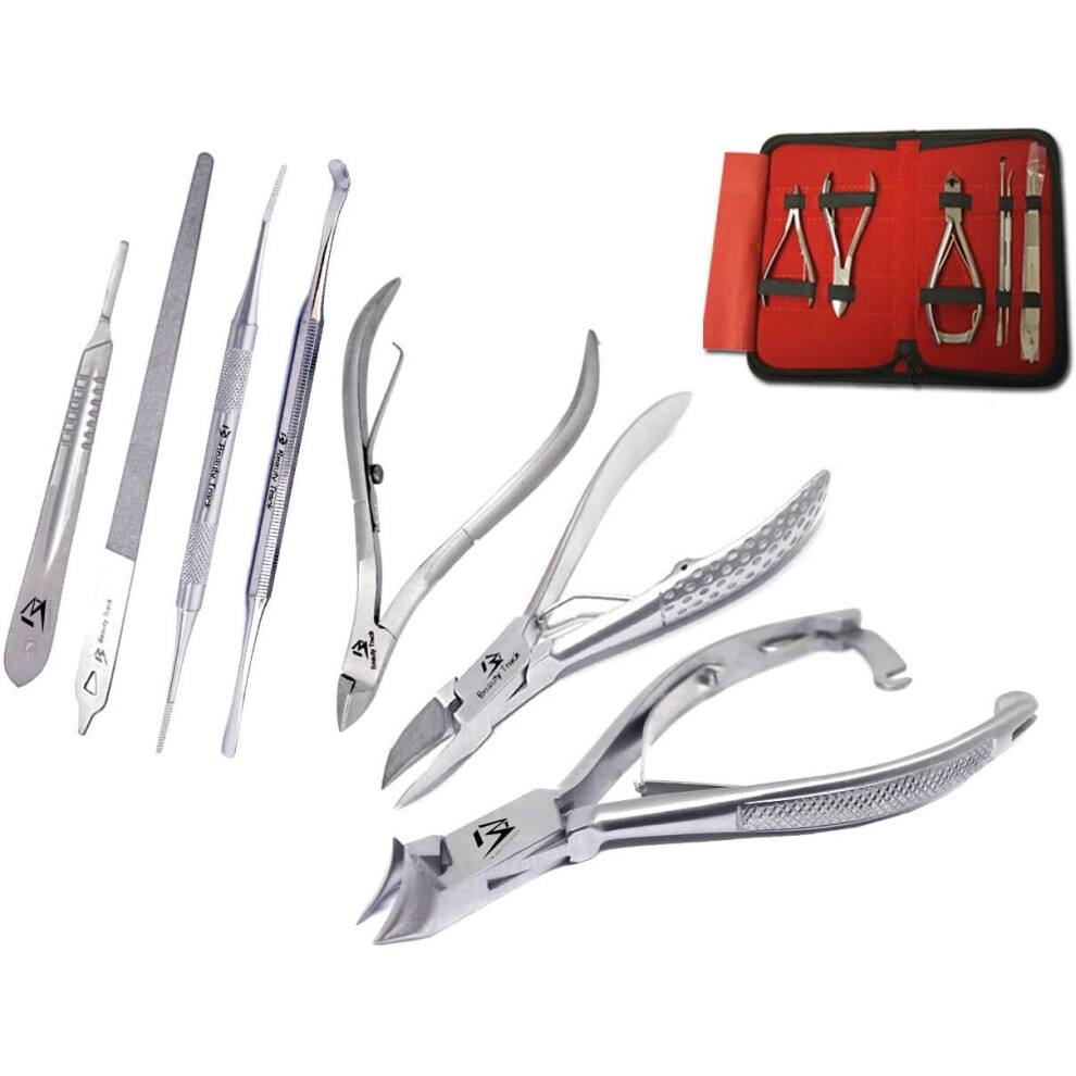 Beautytrack Professional Nail Clipper - Nail Cutter - Manicure Pedicure Kit - Podiatry Instruments - Set Of 7 Pieces - Nail File - Cuticle Nipper - Nail Lifter