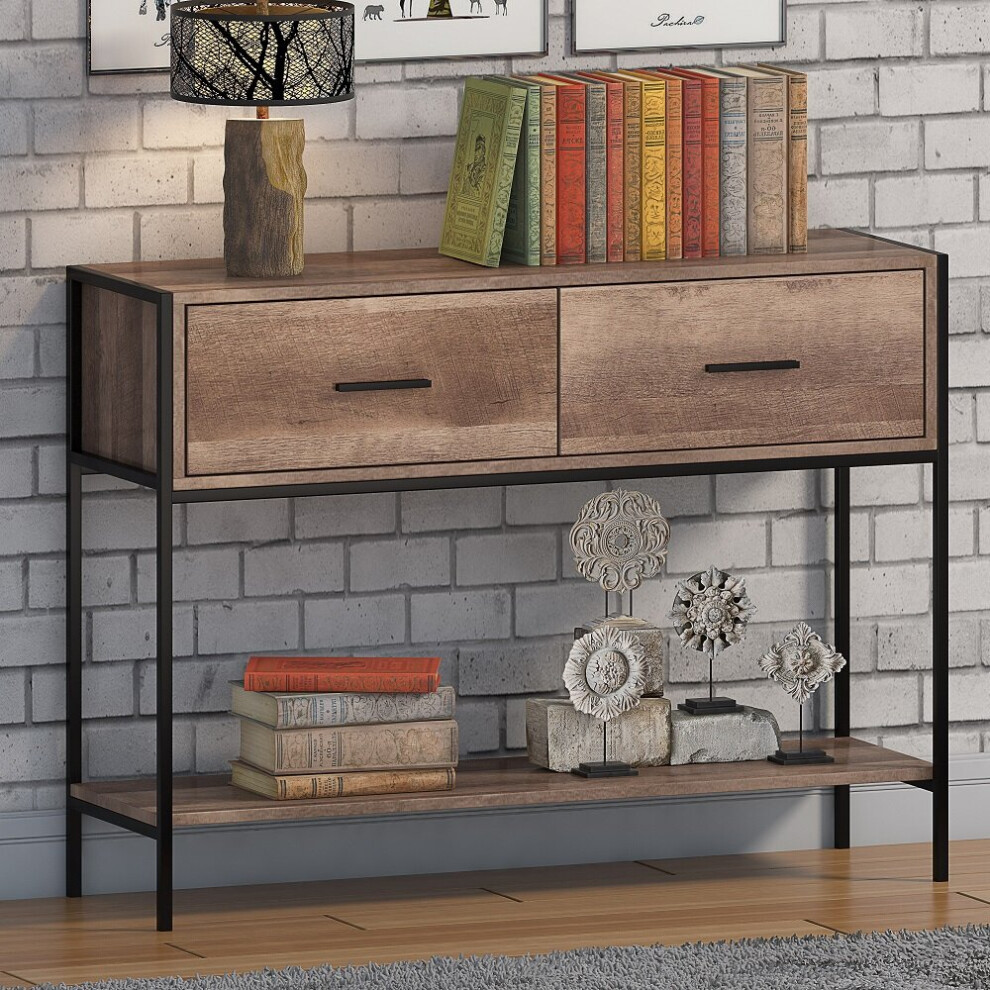 FWStyle Loft Industrial Oak Effect Console Hall Table 2 Drawers and a Shelf